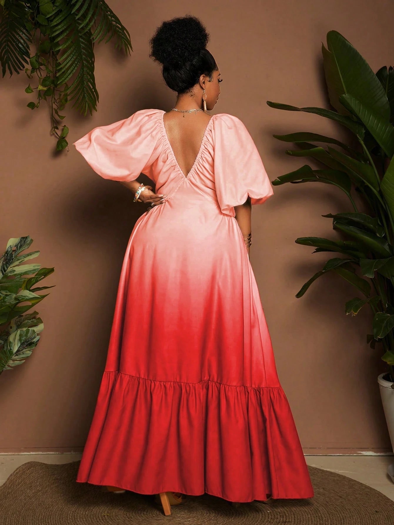 Maweii Plus Size Women Deep V - Neck Short Sleeve Ruffle Hem Elegant Ombre Dress - Gems Ensumbles