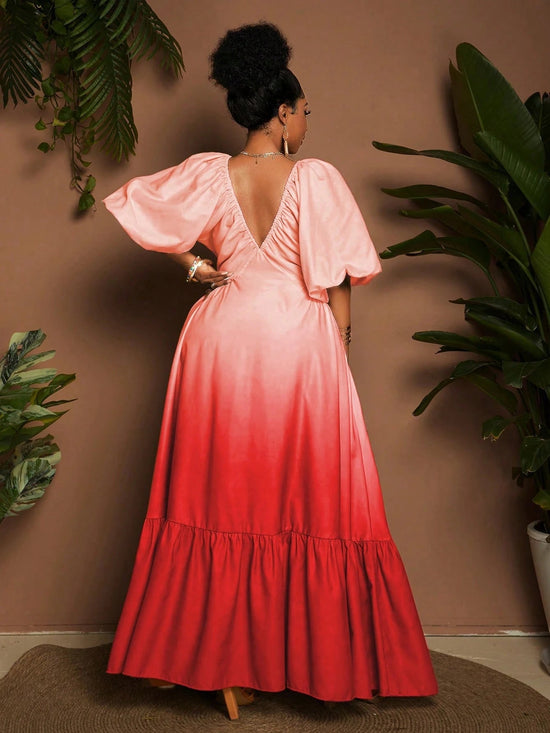 Maweii Plus Size Women Deep V - Neck Short Sleeve Ruffle Hem Elegant Ombre Dress - Gems Ensumbles