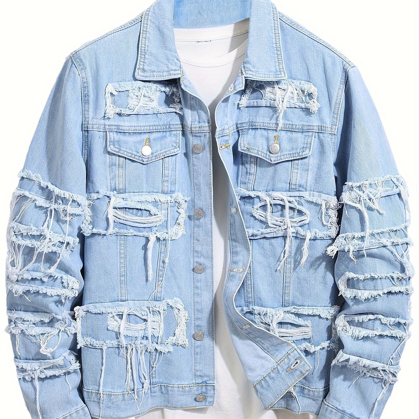 Men Ripped Denim Jacket Slim Fit Outerwear Streetwear Casual Coat - Gems Ensumbles