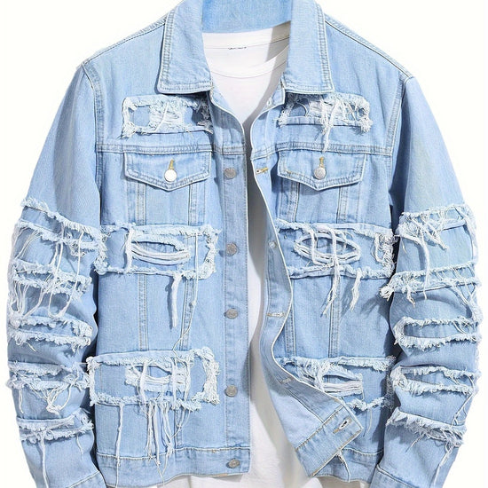Men Ripped Denim Jacket Slim Fit Outerwear Streetwear Casual Coat - Gems Ensumbles