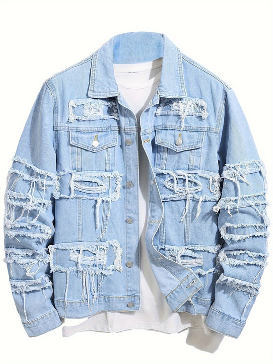 Men Ripped Denim Jacket Slim Fit Outerwear Streetwear Casual Coat - Gems Ensumbles