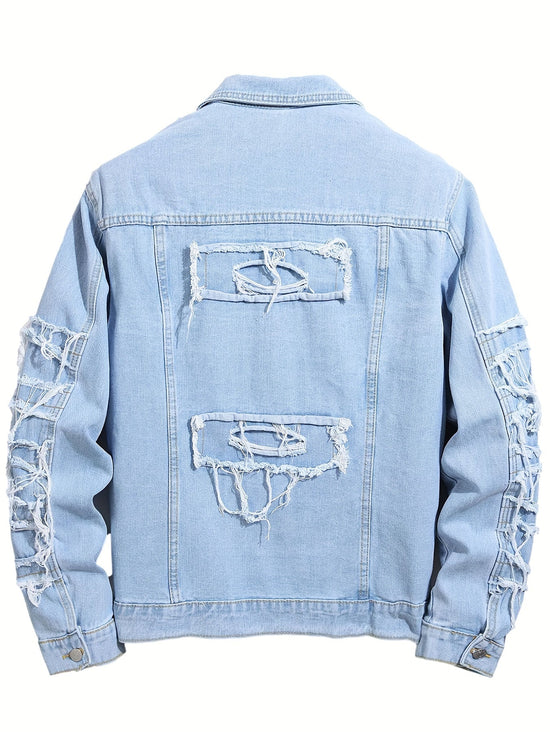 Men Ripped Denim Jacket Slim Fit Outerwear Streetwear Casual Coat - Gems Ensumbles