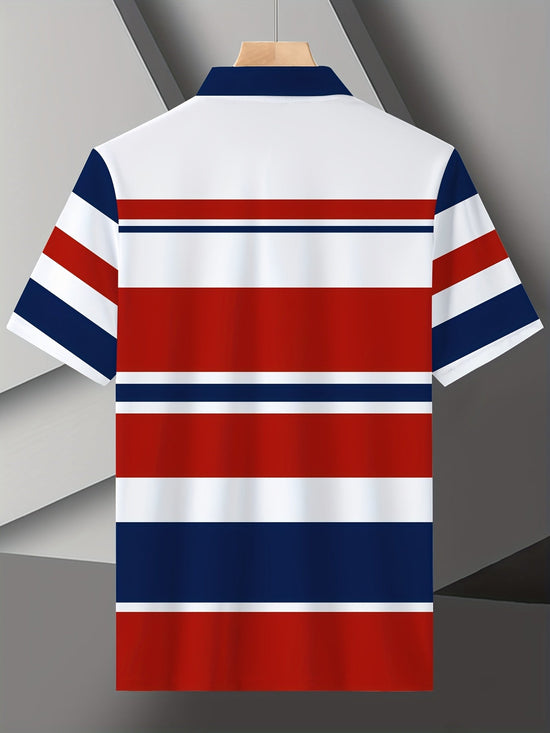 Men Top Lightweight Polyester Digital Print Shirt - Vibrant Red/White/Blue Horizontal Stripe - Gems Ensumbles