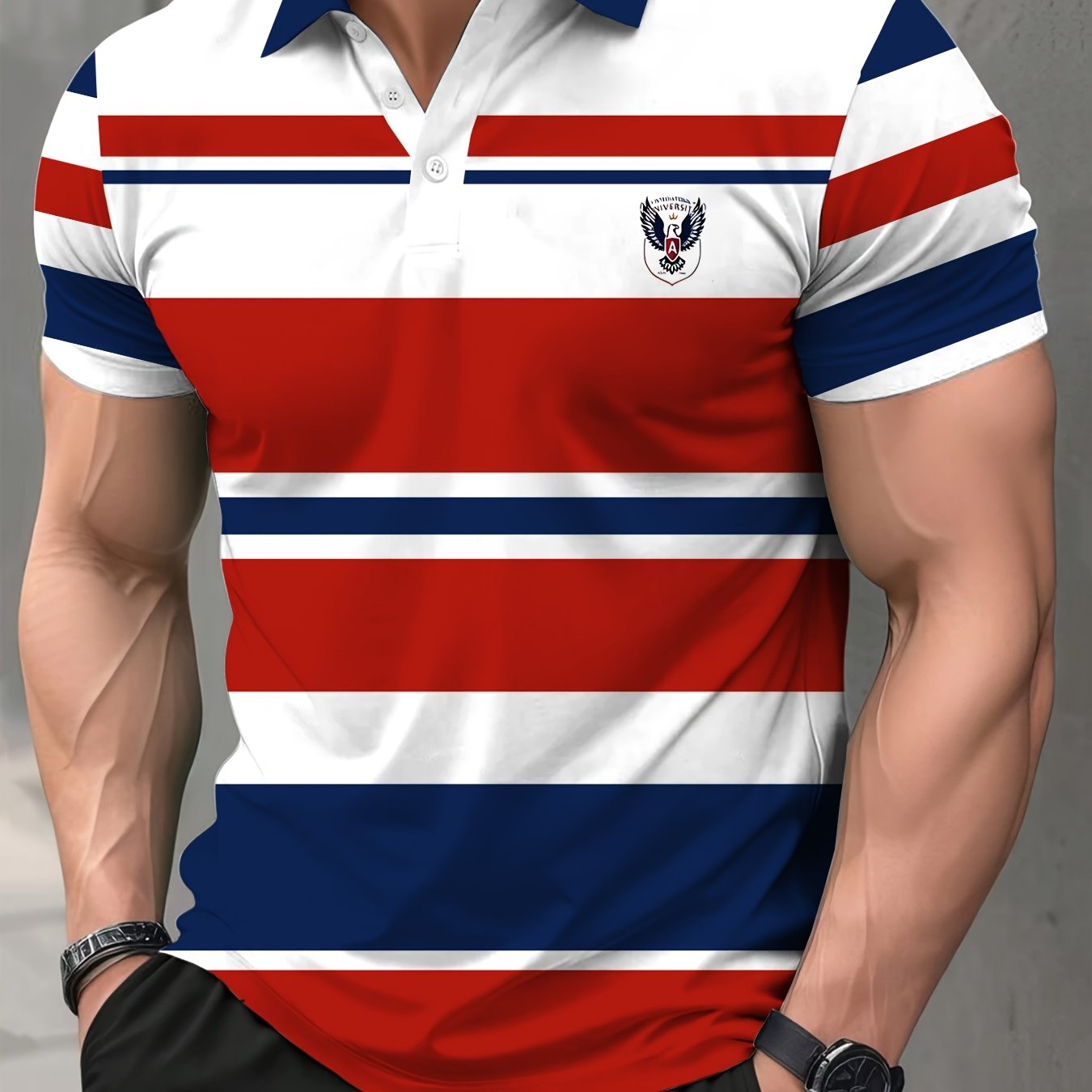 Men Top Lightweight Polyester Digital Print Shirt - Vibrant Red/White/Blue Horizontal Stripe - Gems Ensumbles