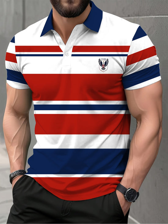 Men Top Lightweight Polyester Digital Print Shirt - Vibrant Red/White/Blue Horizontal Stripe - Gems Ensumbles