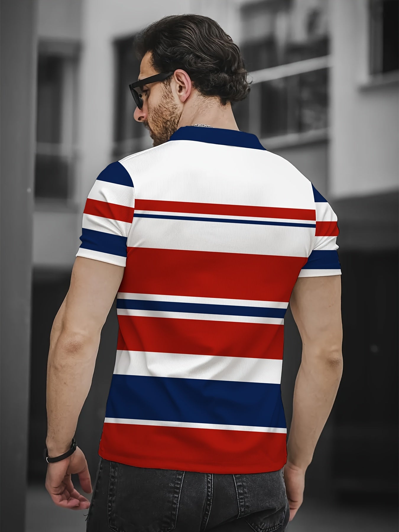 Men Top Lightweight Polyester Digital Print Shirt - Vibrant Red/White/Blue Horizontal Stripe - Gems Ensumbles