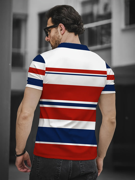Men Top Lightweight Polyester Digital Print Shirt - Vibrant Red/White/Blue Horizontal Stripe - Gems Ensumbles