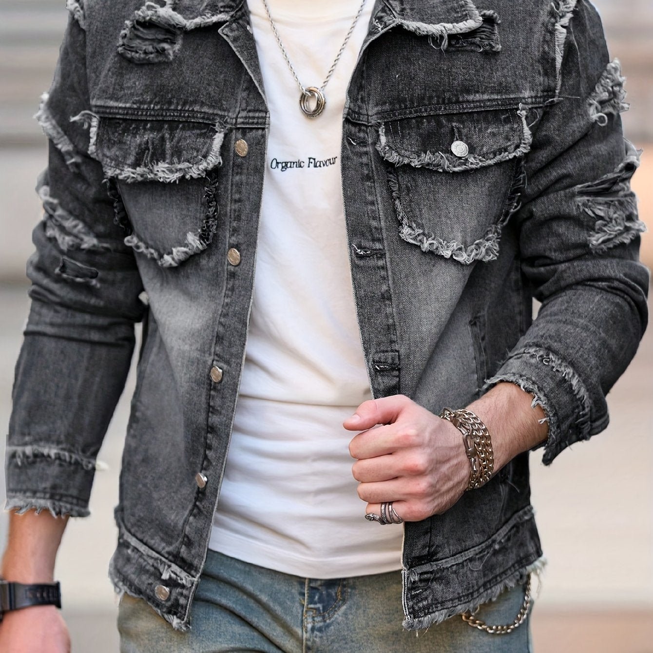Men Vintage Distressed Denim Bomber Jacket - Gems Ensumbles