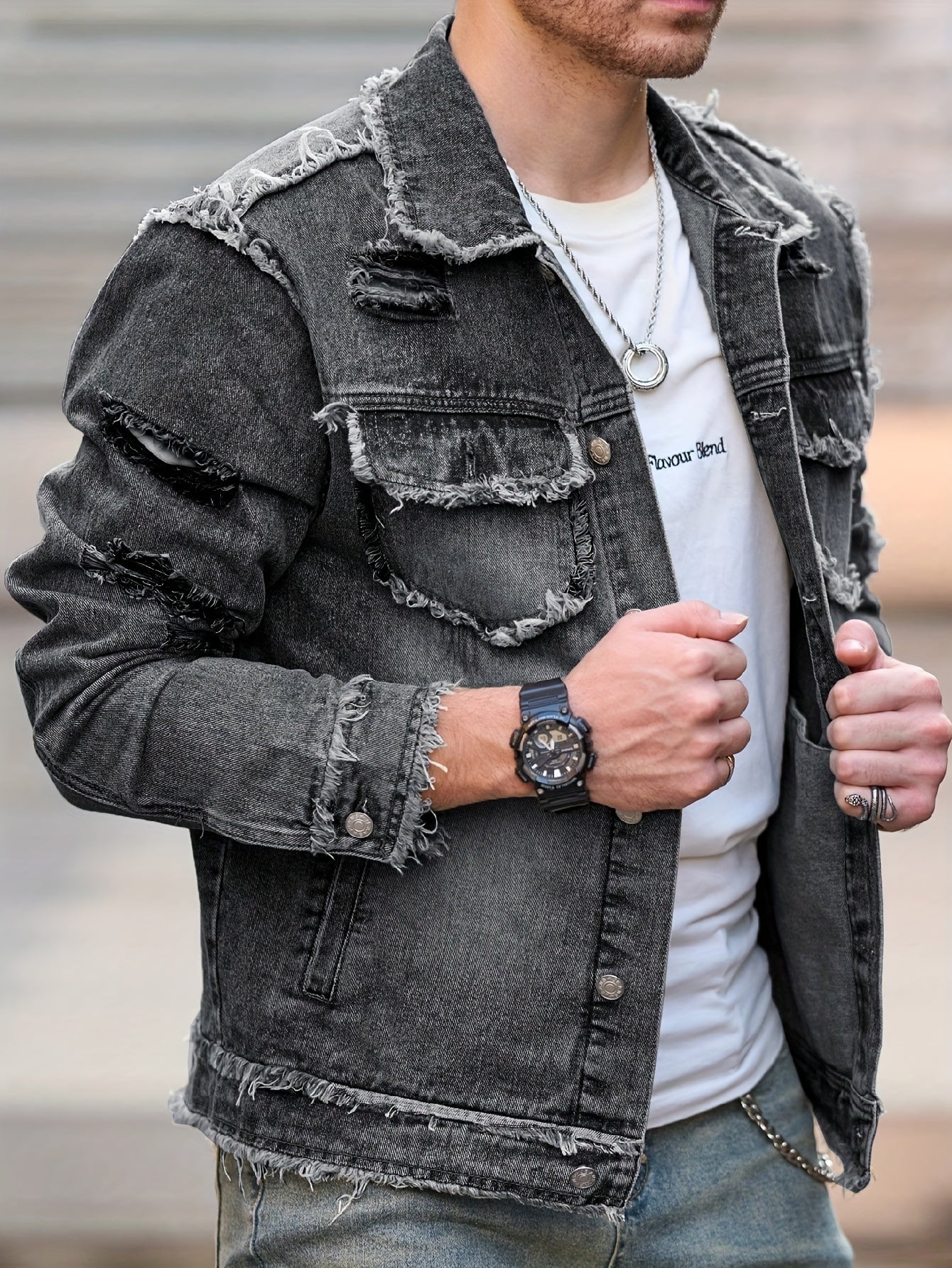 Men Vintage Distressed Denim Bomber Jacket - Gems Ensumbles
