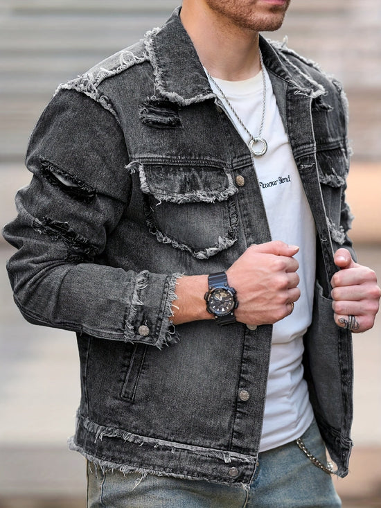 Men Vintage Distressed Denim Bomber Jacket - Gems Ensumbles