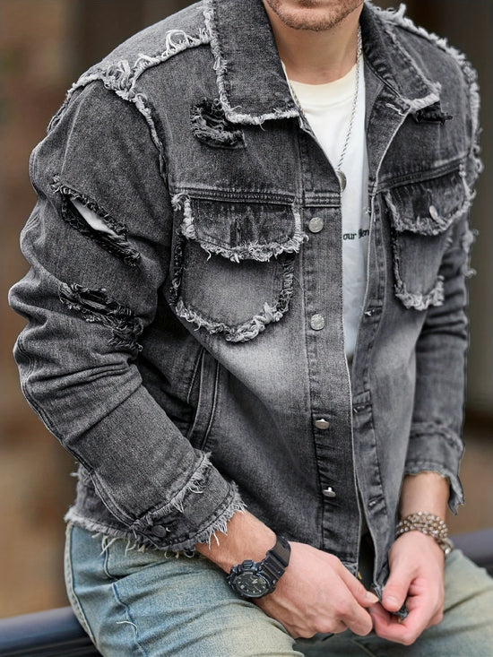 Men Vintage Distressed Denim Bomber Jacket - Gems Ensumbles