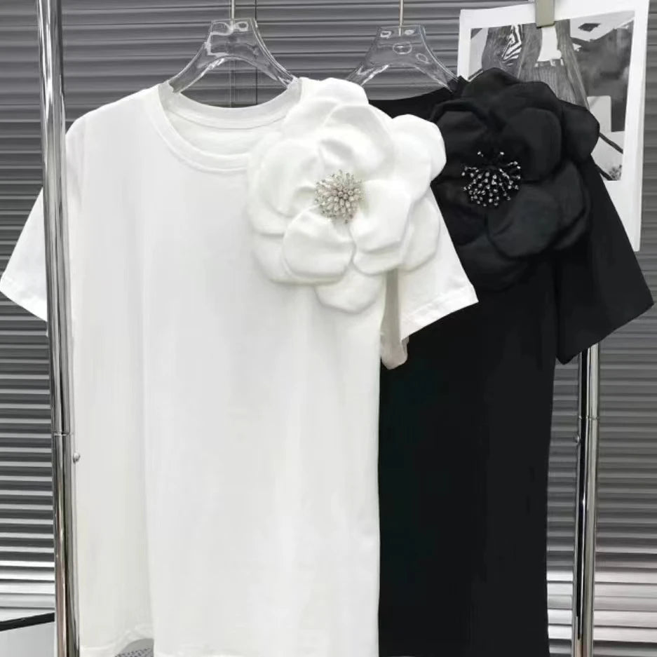 New In 3D Flowers Stitch Cotton T Shirt For Women Loose Casual Short Sleeeve Black White Tops Tees - Gems Ensumbles