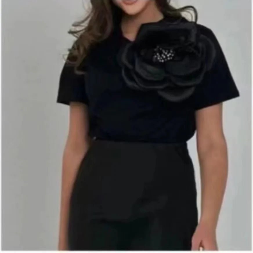 New In 3D Flowers Stitch Cotton T Shirt For Women Loose Casual Short Sleeeve Black White Tops Tees - Gems Ensumbles