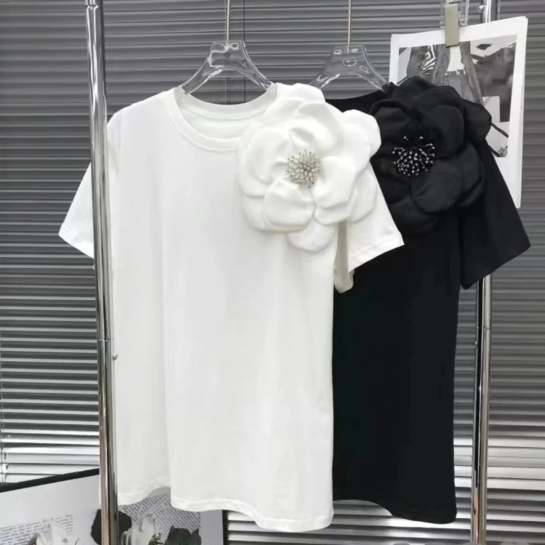 New In 3D Flowers Stitch Cotton T Shirt For Women Loose Casual Short Sleeeve Black White Tops Tees - Gems Ensumbles
