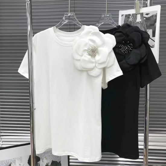 New In 3D Flowers Stitch Cotton T Shirt For Women Loose Casual Short Sleeeve Black White Tops Tees - Gems Ensumbles