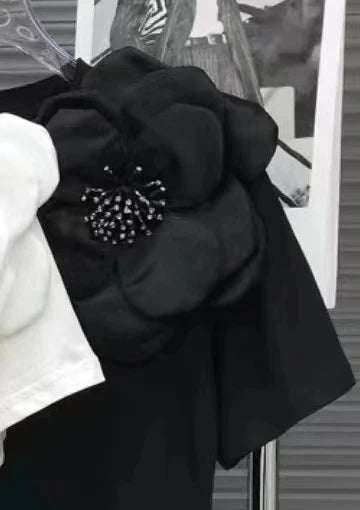 New In 3D Flowers Stitch Cotton T Shirt For Women Loose Casual Short Sleeeve Black White Tops Tees - Gems Ensumbles