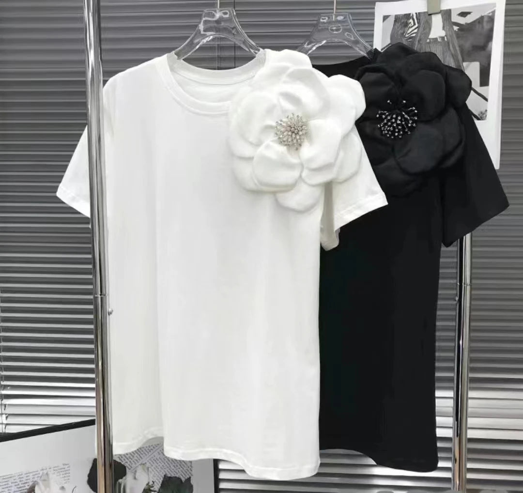 New In 3D Flowers Stitch Cotton T Shirt For Women Loose Casual Short Sleeeve Black White Tops Tees - Gems Ensumbles