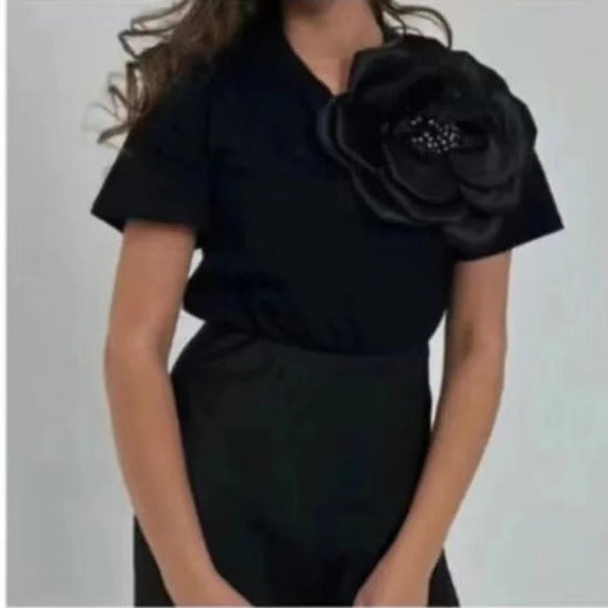 New In 3D Flowers Stitch Cotton T Shirt For Women Loose Casual Short Sleeeve Black White Tops Tees - Gems Ensumbles