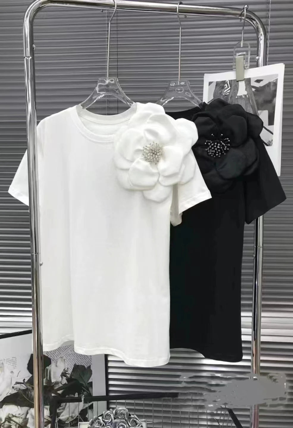 New In 3D Flowers Stitch Cotton T Shirt For Women Loose Casual Short Sleeeve Black White Tops Tees - Gems Ensumbles