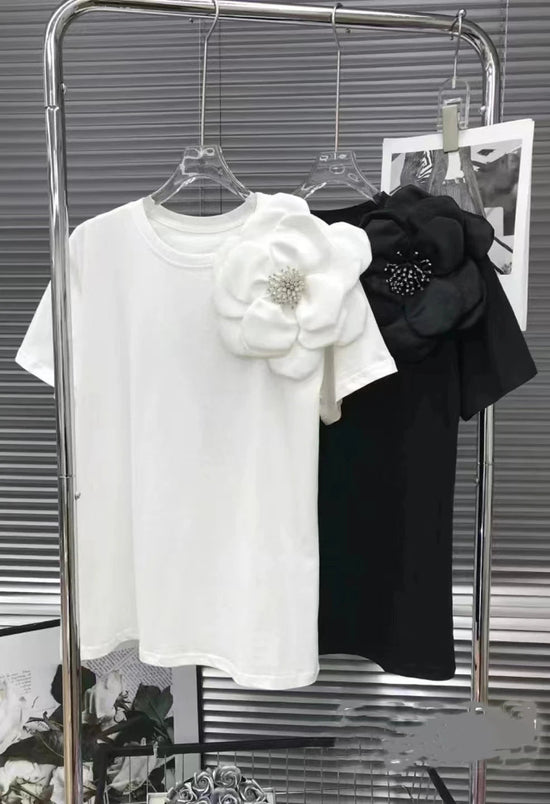 New In 3D Flowers Stitch Cotton T Shirt For Women Loose Casual Short Sleeeve Black White Tops Tees - Gems Ensumbles