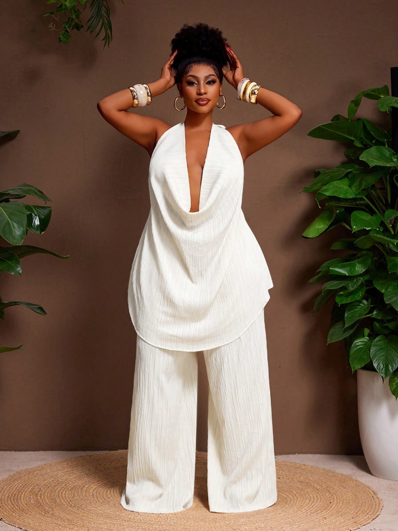 New Seaside Casual Sexy Elegant Romantic Oyster Draped Neck Loose 2pcs set - Gems Ensumbles