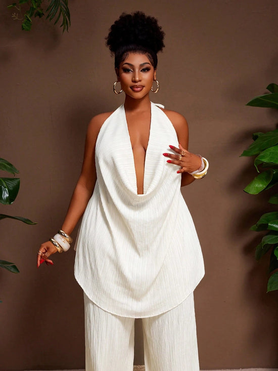 New Seaside Casual Sexy Elegant Romantic Oyster Draped Neck Loose 2pcs set - Gems Ensumbles