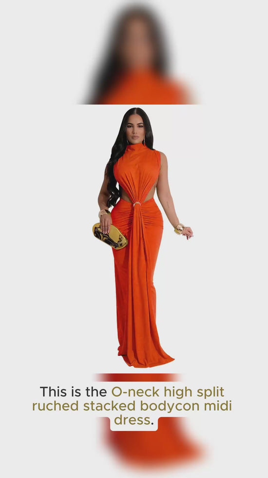 Load and play video in Gallery viewer, Women O-neck High Split Ruched Stacked Bodycon Midi Maxi Dre Evening Dress
