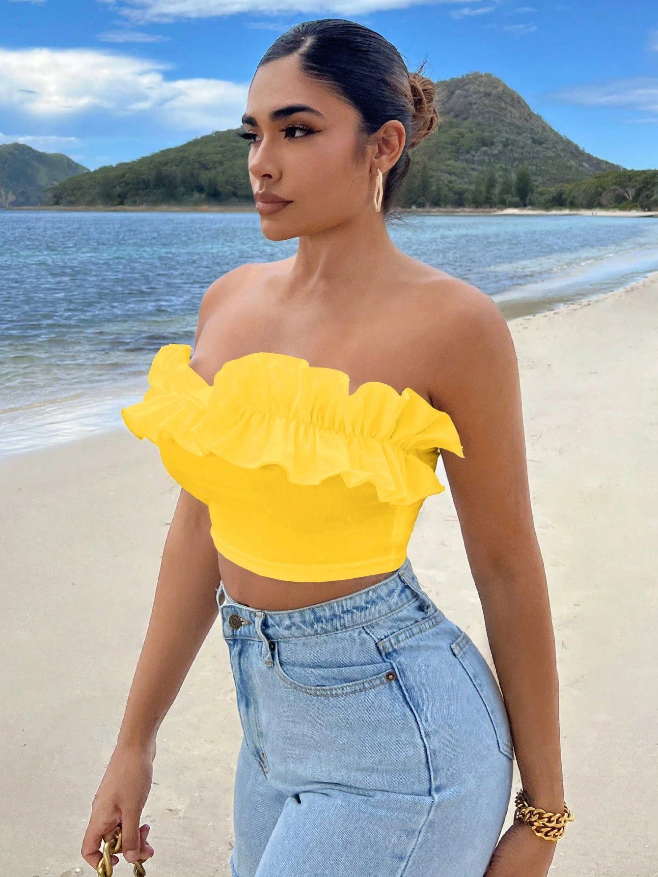 Summer Beach Ruffle Trim Crop Tube Top - Gems Ensumbles