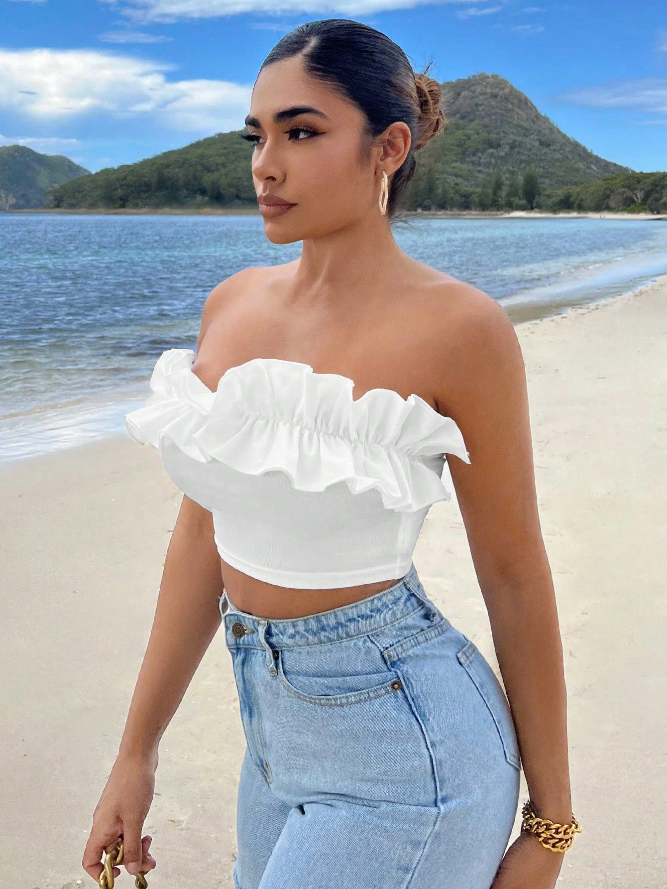 Summer Beach Ruffle Trim Crop Tube Top - Gems Ensumbles