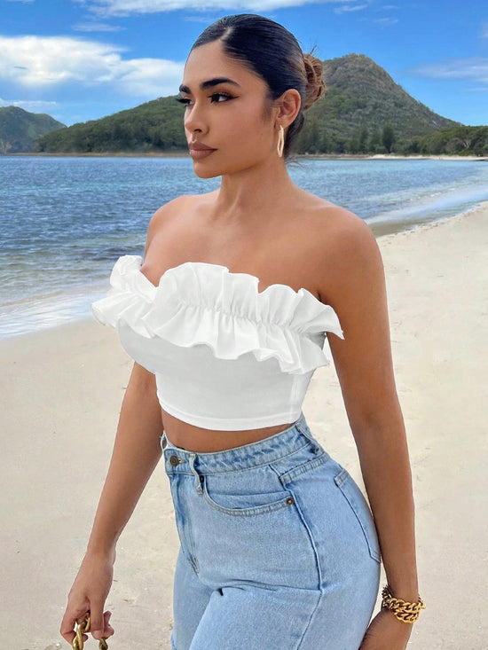 Summer Beach Ruffle Trim Crop Tube Top - Gems Ensumbles