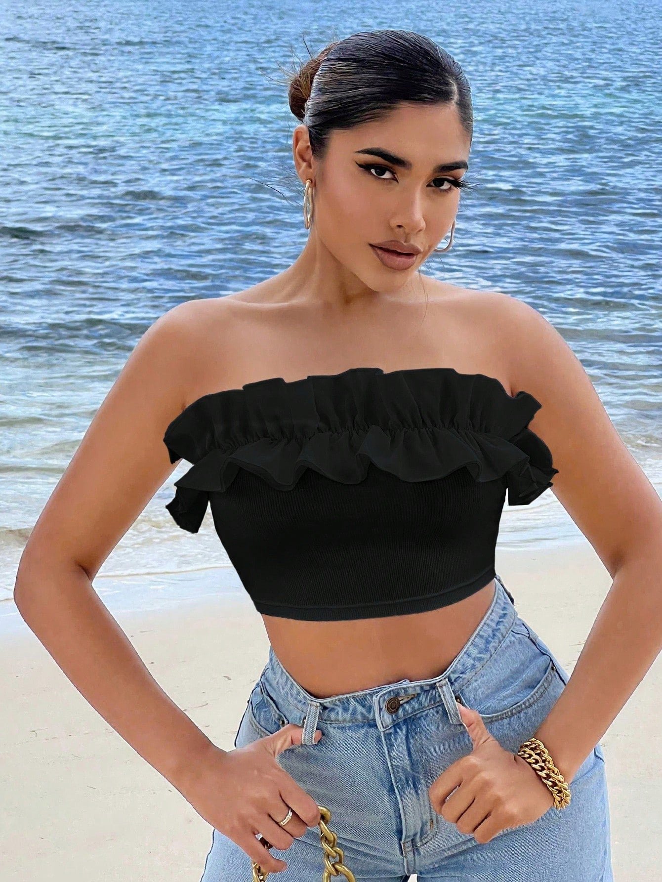 Summer Beach Ruffle Trim Crop Tube Top - Gems Ensumbles
