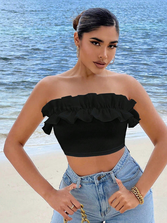 Summer Beach Ruffle Trim Crop Tube Top - Gems Ensumbles