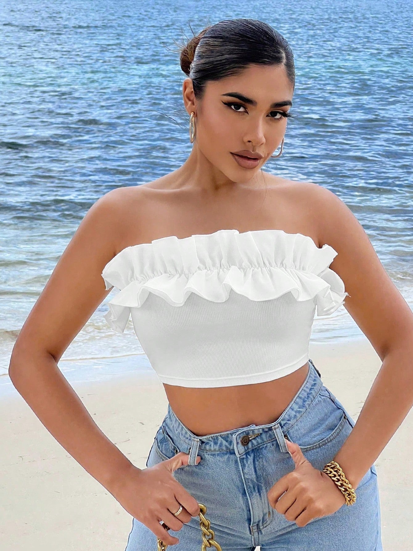 Summer Beach Ruffle Trim Crop Tube Top - Gems Ensumbles
