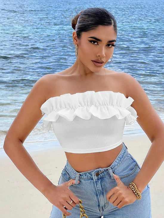 Summer Beach Ruffle Trim Crop Tube Top - Gems Ensumbles