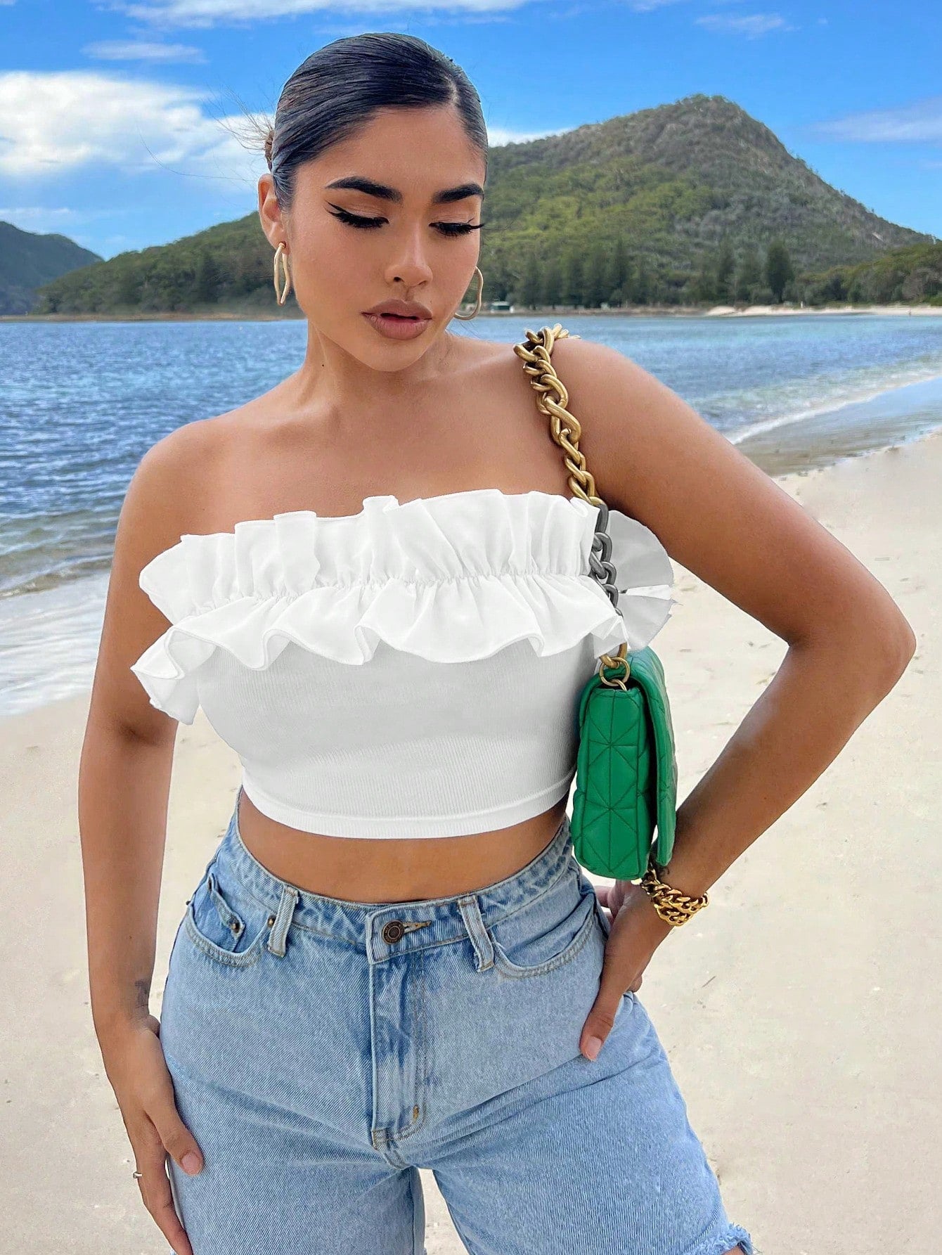 Summer Beach Ruffle Trim Crop Tube Top - Gems Ensumbles
