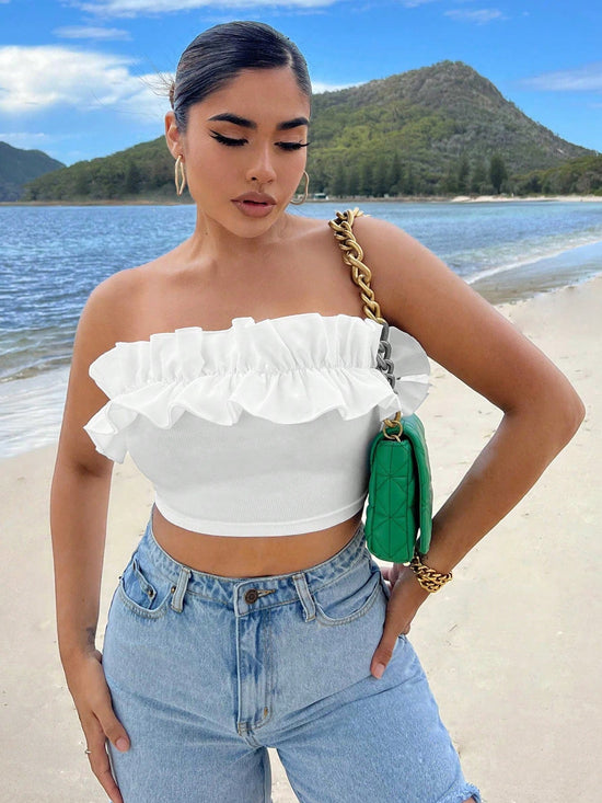 Summer Beach Ruffle Trim Crop Tube Top - Gems Ensumbles
