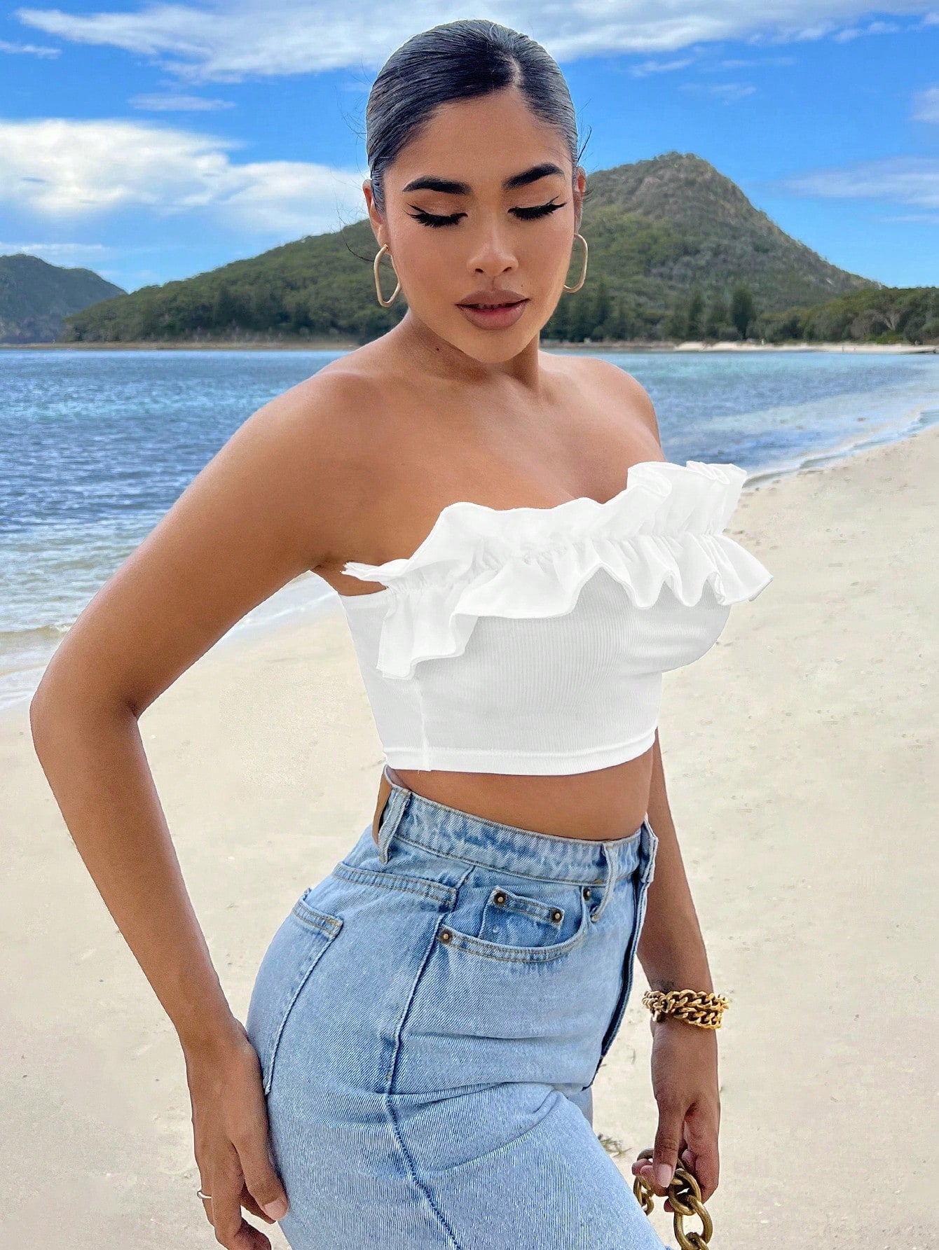 Summer Beach Ruffle Trim Crop Tube Top - Gems Ensumbles