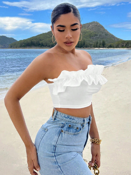 Summer Beach Ruffle Trim Crop Tube Top - Gems Ensumbles