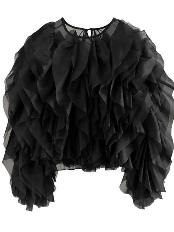 Vintage Patchwork Ruffle Women Blouse O Neck Lantern Long Sleeve - Gems Ensumbles