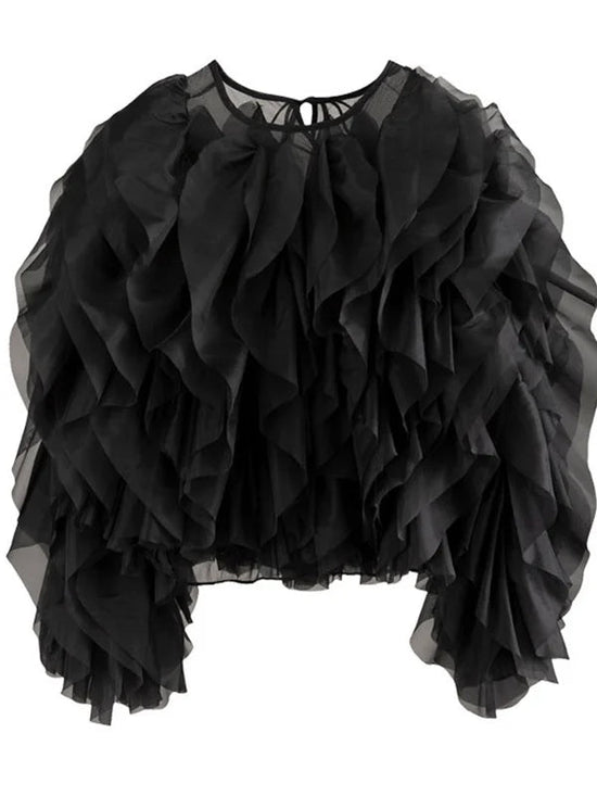 Vintage Patchwork Ruffle Women Blouse O Neck Lantern Long Sleeve - Gems Ensumbles