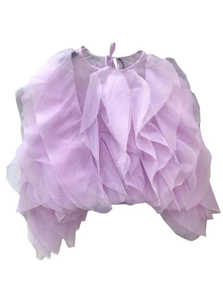 Vintage Patchwork Ruffle Women Blouse O Neck Lantern Long Sleeve - Gems Ensumbles