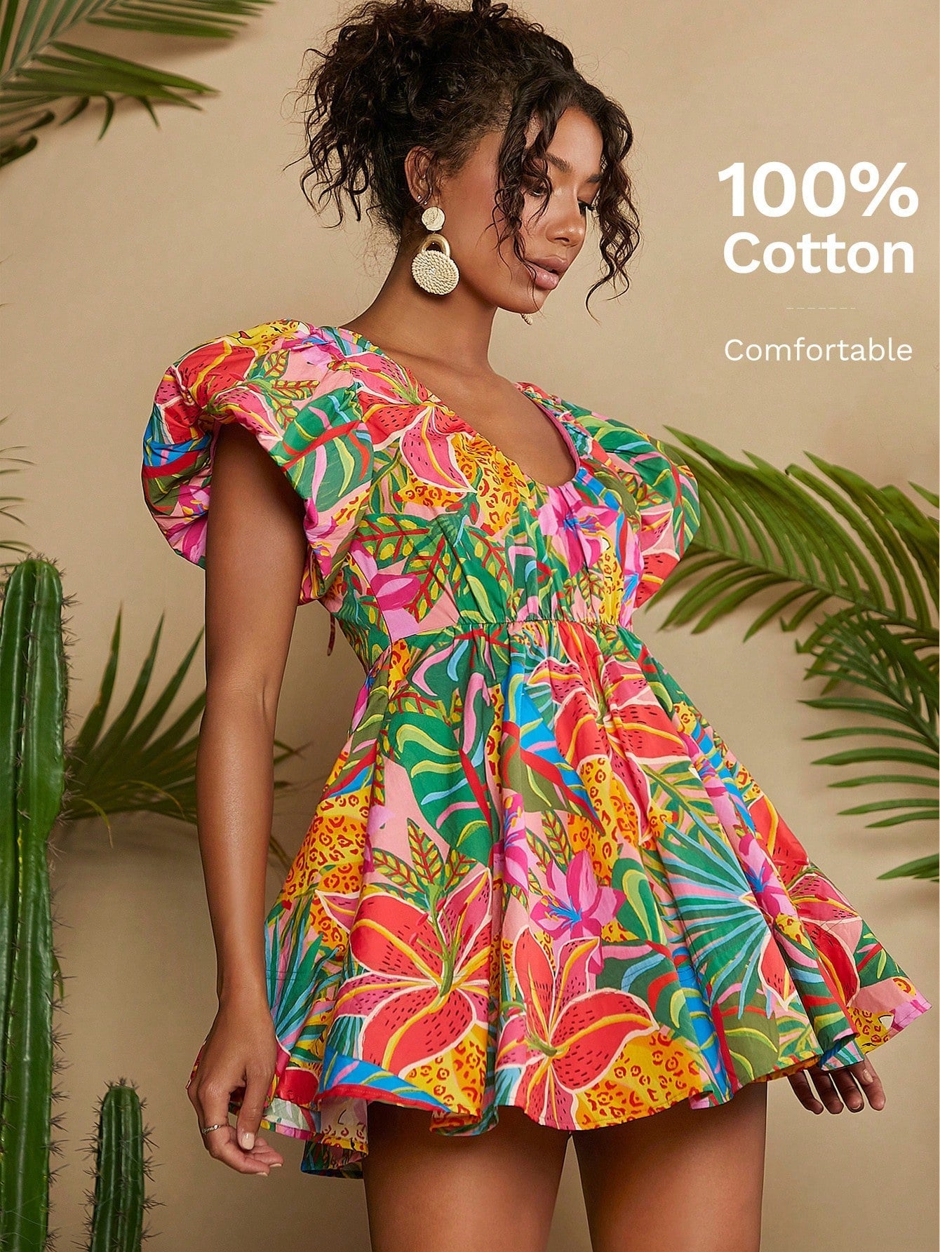 Woman Tropical Print Butterfly Sleeve White Dress - Gems Ensumbles