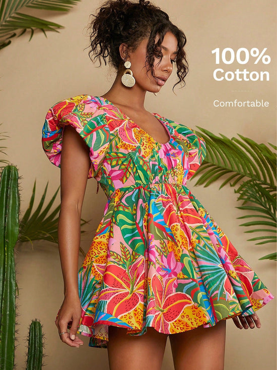 Woman Tropical Print Butterfly Sleeve White Dress - Gems Ensumbles