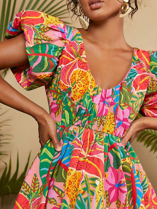 Woman Tropical Print Butterfly Sleeve White Dress - Gems Ensumbles
