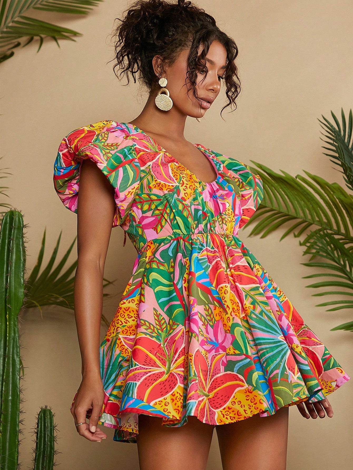 Woman Tropical Print Butterfly Sleeve White Dress - Gems Ensumbles