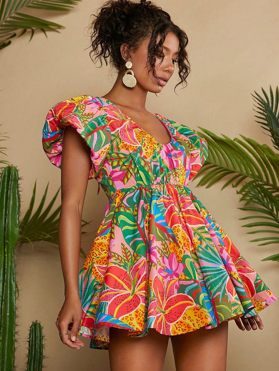 Woman Tropical Print Butterfly Sleeve White Dress - Gems Ensumbles