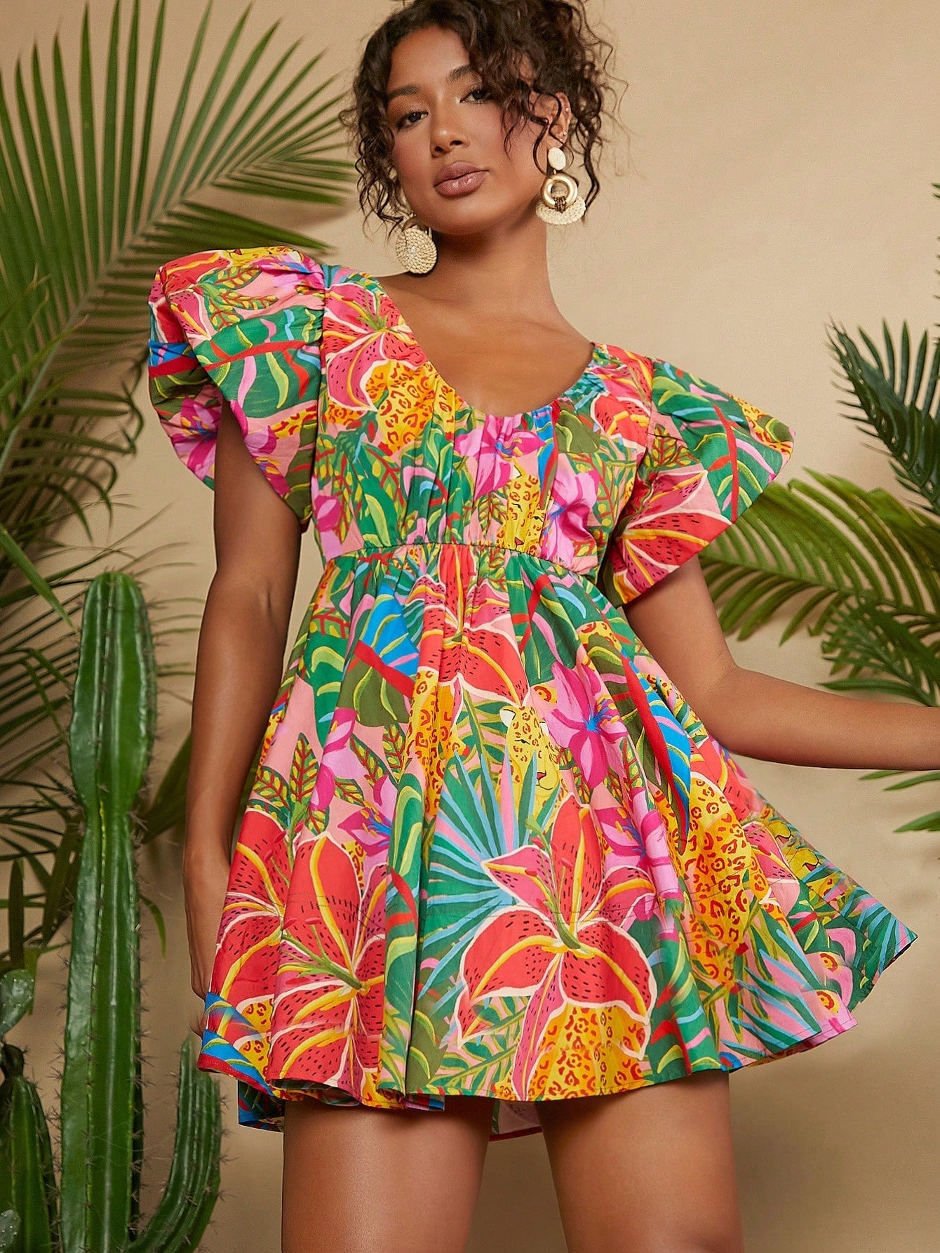 Woman Tropical Print Butterfly Sleeve White Dress - Gems Ensumbles