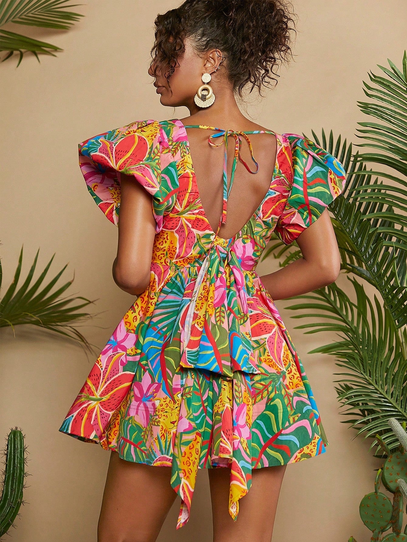 Woman Tropical Print Butterfly Sleeve White Dress - Gems Ensumbles