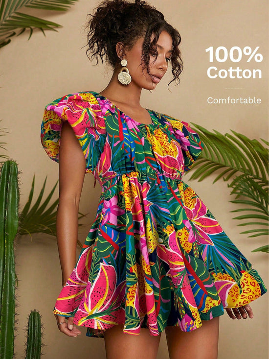 Woman Tropical Print Butterfly Sleeve White Dress - Gems Ensumbles