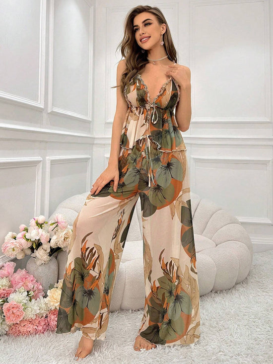 Women Backless Tie Front Tank Top And Pants Pajama Set - Gems Ensumbles